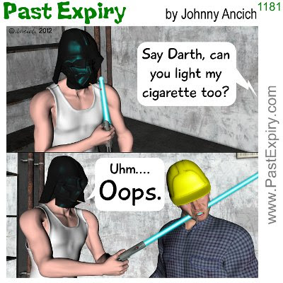 Cartoon about cigarettes, DarthVader, men, spoof,