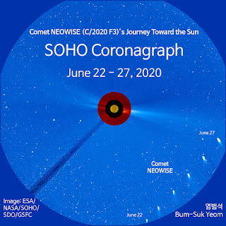 Průlet komety NEOWISE zorným polem koronografu LASCO C3. Zdroj: SOHO, ESA/NASA, SDO/NASA/GSFC.