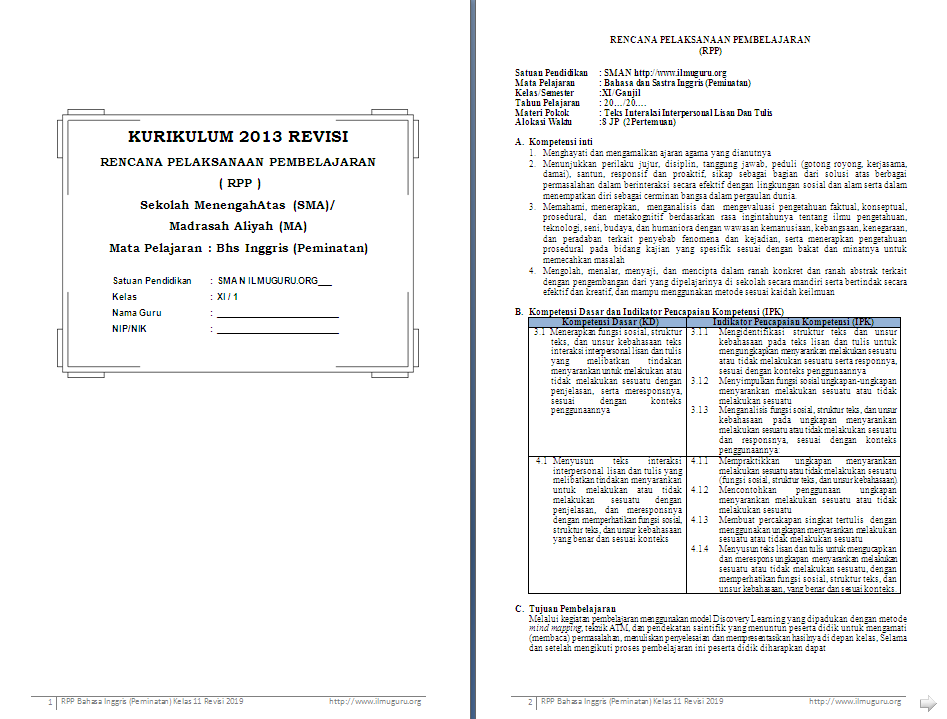 Rpp 1 Lembar Bahasa Inggris Peminatan Kelas 11 Sma Ma Semester 1 Antapedia Com