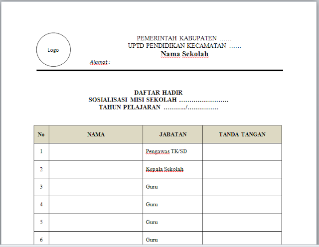Contoh Daftar Hadir Rapat Sosialisasi Misi Sekolah Seo Sunda