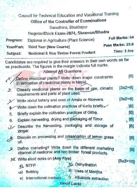 Medicinal and Non Timber Forest Product - 3rd Year Question Papers CTEVT | Diploma in Agriculture (Animal / Plant Science)