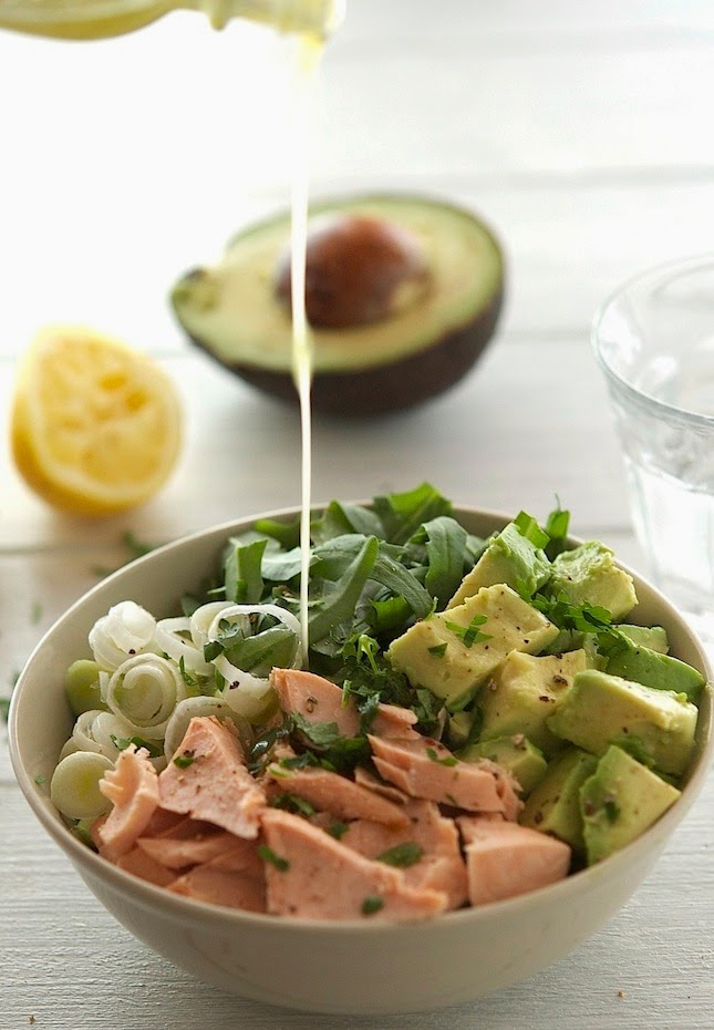 Salmon, Avocado and Arugula Salad with Lemon-Parsley Dressing