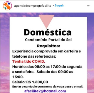 vaga de emprego para doméstica com covid