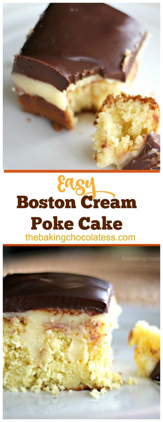 Boston Cream Poke Cake...yellow buttery cake filled with a french vanilla cream pudding and frosted with rich chocolate. Beyond doubt, this is a very heavenly dessert!