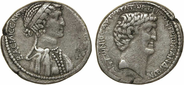 Клеопатра и Антоний. Денарий, серебро