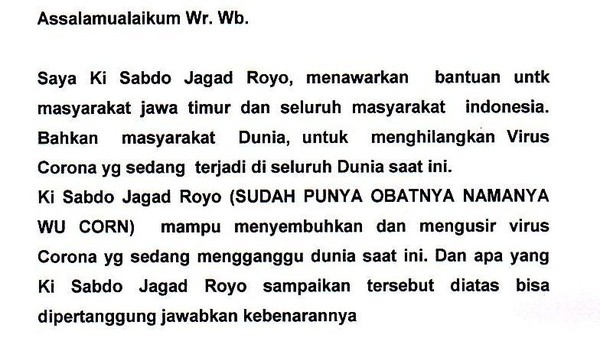 Ngaku Temukan Obat Virus Corona, Ki Sabdo Jagad Royo Surati Gubernur-Presiden Ngaku Temukan Obat Virus Corona, Ki Sabdo Jagad Royo Surati Gubernur-Presiden