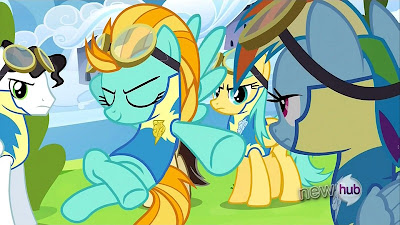 Lightning Dust offers Rainbow Dash a hoof-bump