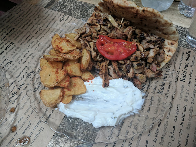 Lamb on pita with potatoes in Greece
