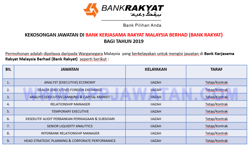 Jawatan Kosong Terkini di Bank Kerjasama Rakyat Malaysia Berhad (Bank