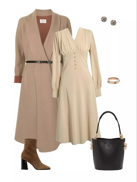The lapel design of the coat and V-neck pleated dress.
