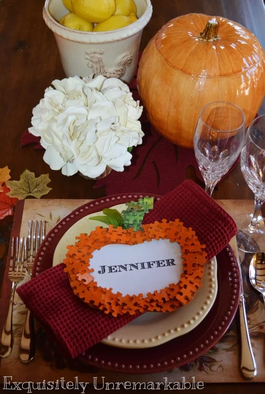 Thanksgiving Place Card from puzzle pieces on set table