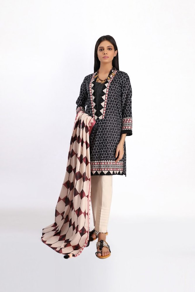 khaadi black lawn printed shirt dupatta