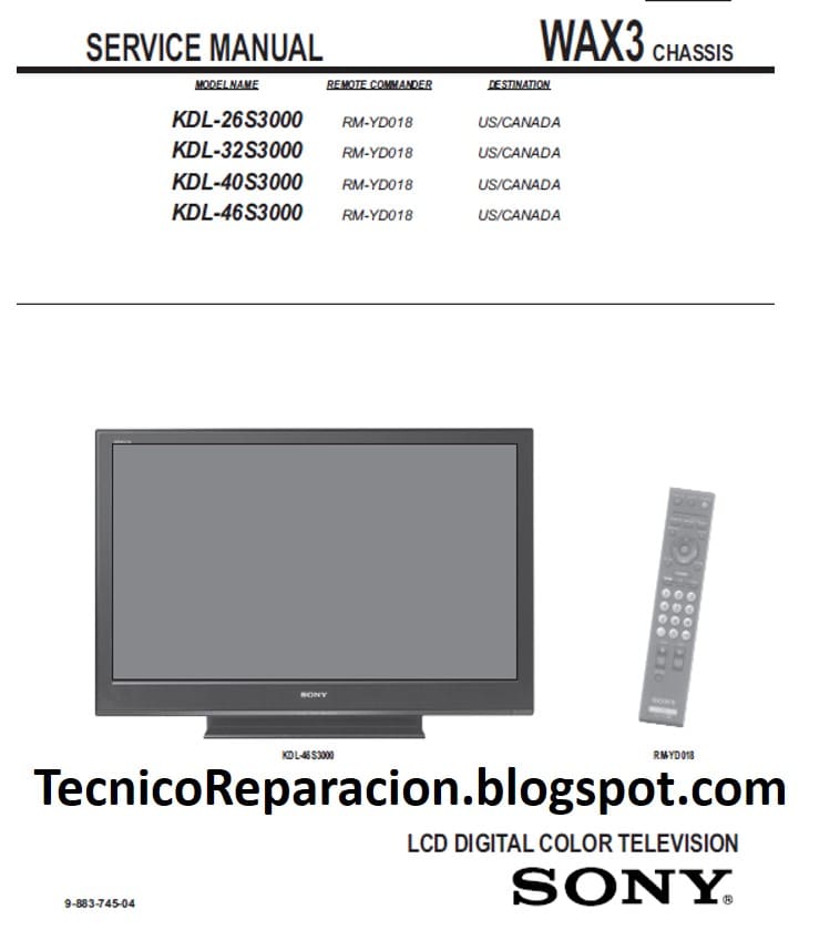SONY KDL32S3000 KDL40S3000 KDL46S3000 WAX3 DIAGRAMA SERVICE MANUAL