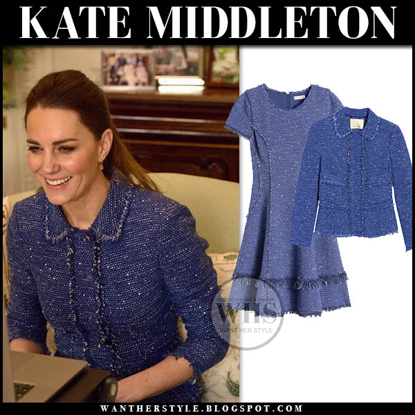 Kate Middleton in blue tweed jacket and dress on February 4 I want her style What