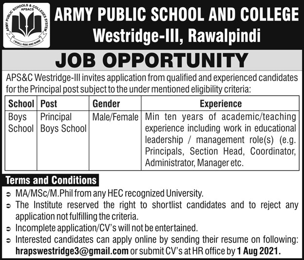 Army Public School & College Job 2021 in Rawalpindi