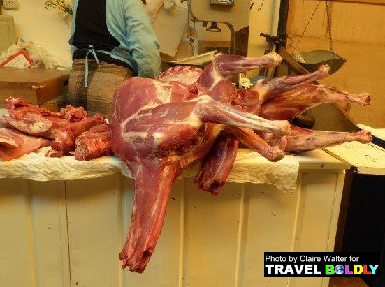 Alpaca carcasses on the butchers counter in Lima, Peru. Photo: Claire Walter for TravelBoldly.com