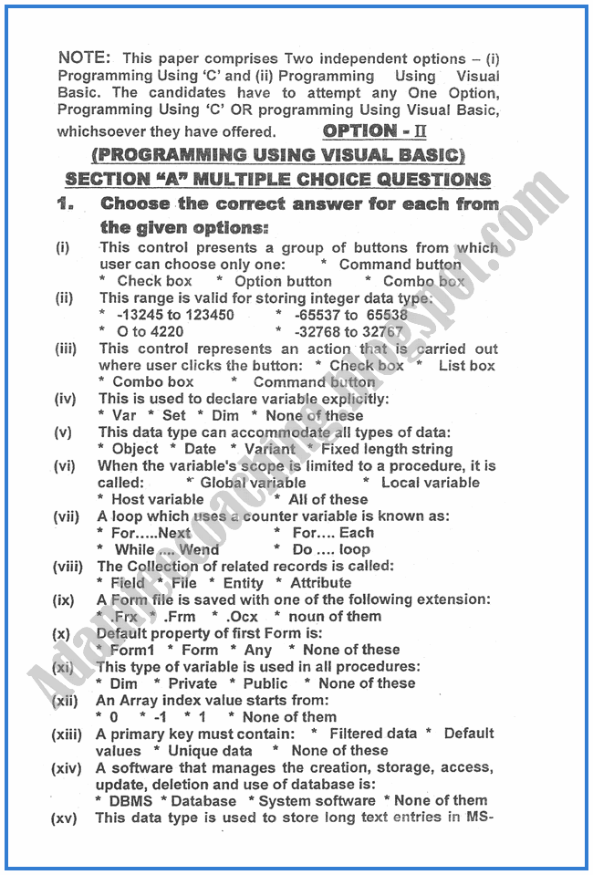 Adamjee Coaching Computer science 2011 Past Year Paper Class XII