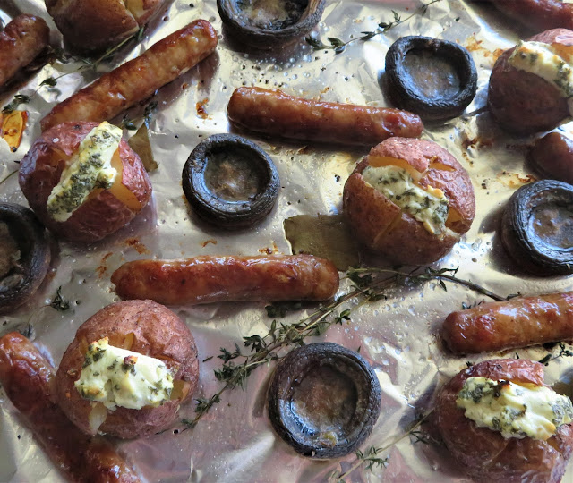 Roasted Sausages with Goat's Cheese Stuffed Baby Potatoes