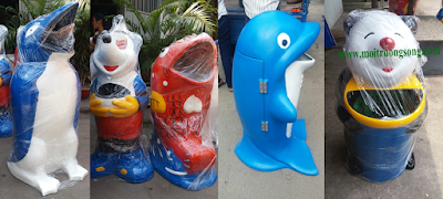 thùng rác chuột mickey, chim cánh cụt, gấu trúc, cá heo