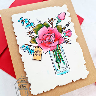 Altenew breezy bouquet stamp, floral card, Red rose card, Red, brown and blue card, Quillish