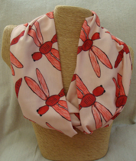 Red Dragonfly infinity scarf by Kristen Bellotti, alternatively styled in a third way