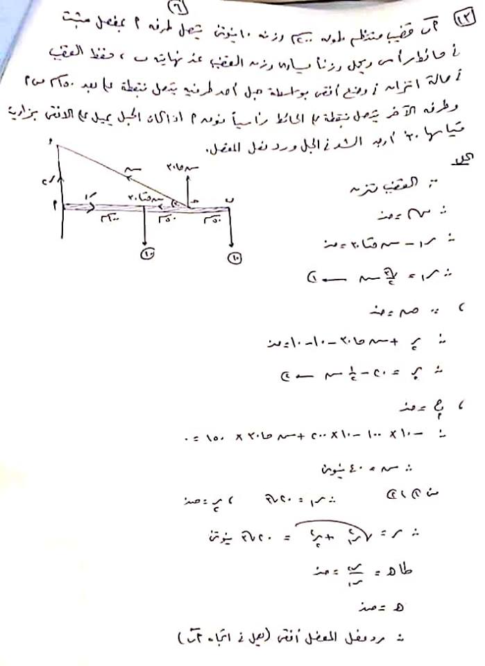 إجابة امتحان الاستاتيكا للثانوية العامة 2019