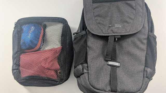 Smaller Packing Cube (25 cm by 20 cm) from Mountain Warehouse beside a 15L Backpack (Scale)