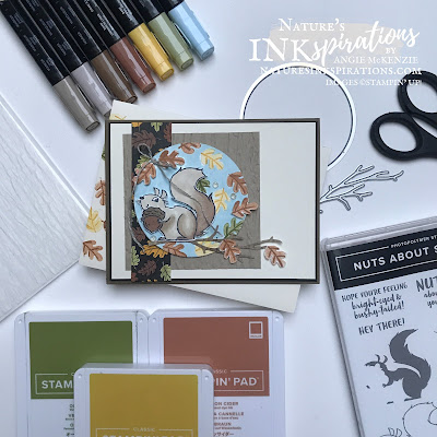 By Angie McKenzie for Stamping INKspirations Blog Hop; Click READ or VISIT to go to my blog for details!  Featuring the Nuts About Squirrels Photopolymer Stamp Set, Intricate Leaves Dies, Pattern Play Host Designer Series Paper, and Timber 3D Embossing Folder by Stampin' Up!® to create a harvest time themed card.