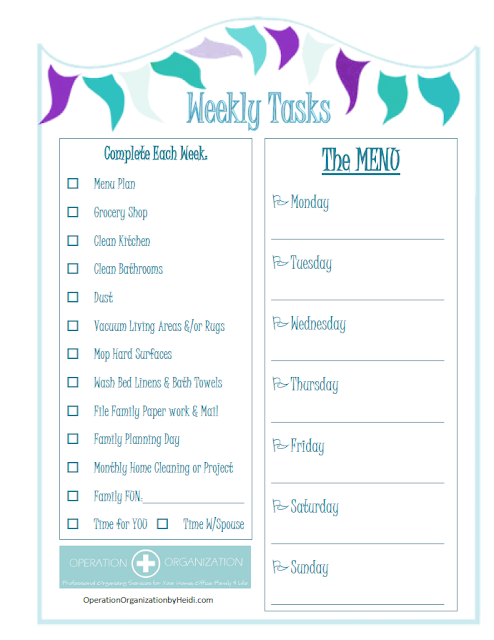 'WEEKLY TASKS' Checklist - Check out the FREE printable Home Management checklists that Professional Organizer,  Operation Organization by Heidi has available!