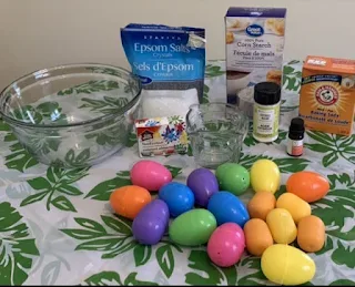 DIY Easter egg bath bombs recipe materials and supplies needed.
