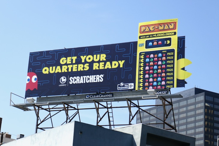 Get your quarters ready California State Lottery Pac-Man Scratchers cut-out billboard Westwood Boulevard quarters California Lottery PacMan Scratchers billboard