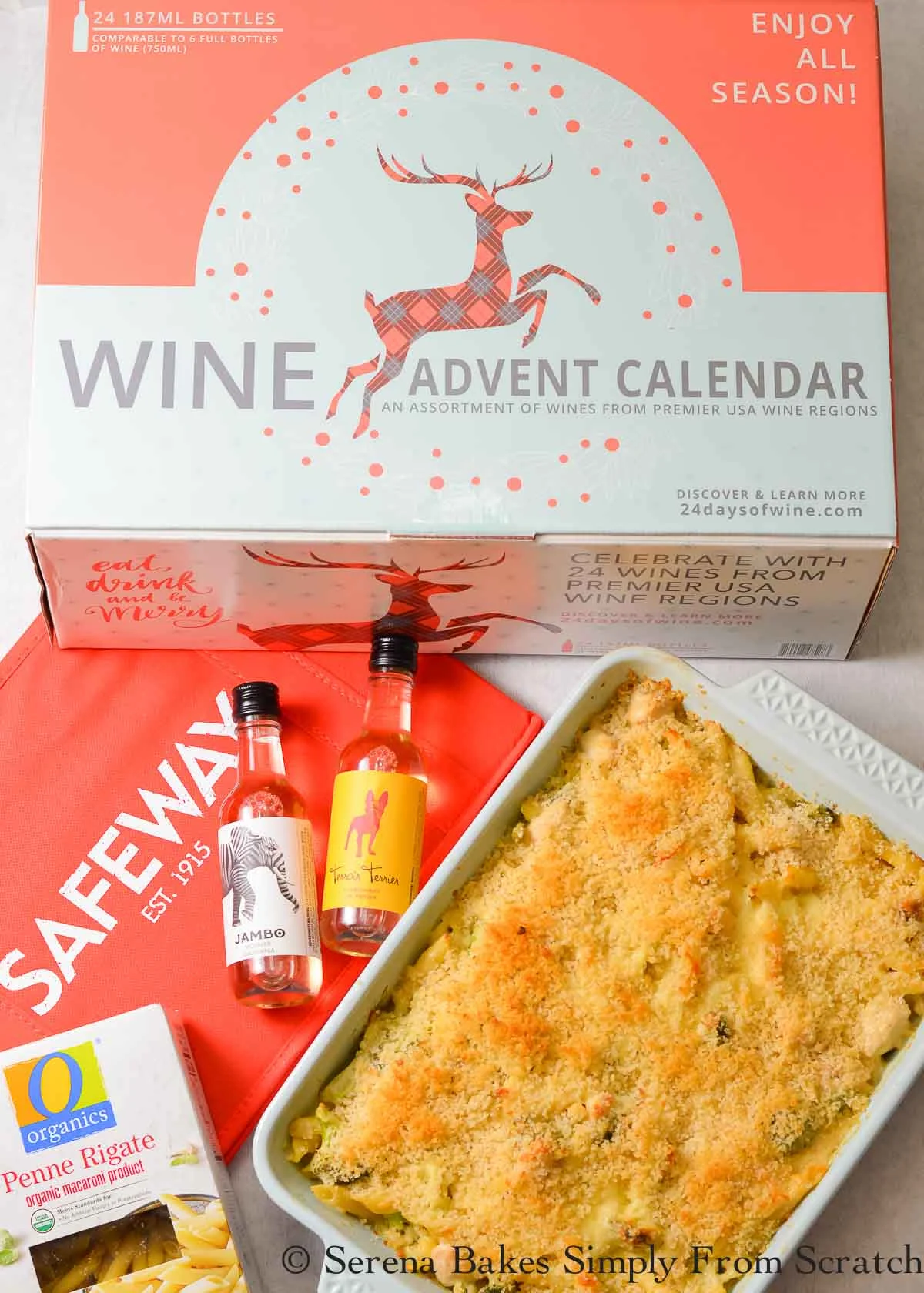 Chicken Broccoli Casserole with Panko Bread Crumbs and a Wine Advent Calendar.