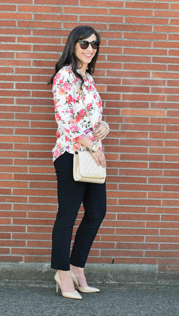 Love this floral look for work with nude heels