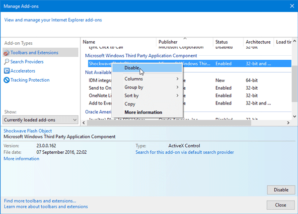 gỡ cài đặt shockwave khỏi Internet Explorer