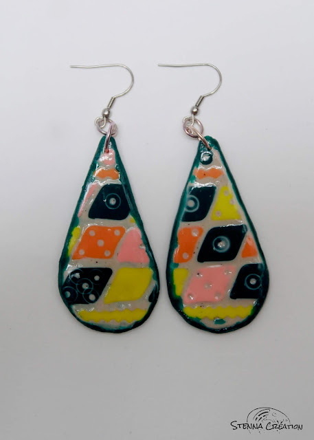 Boucles d'oreilles polymère Mosaïque Vert Rose Jaune Stenna Création