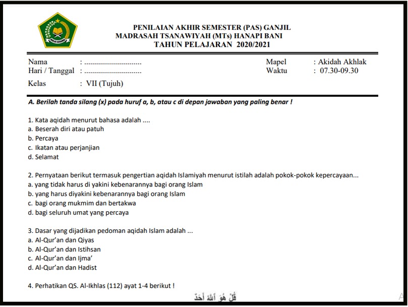 Soal pts akidah akhlak kelas 3 semester 1