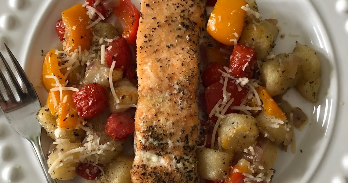 Trader Joe's Cauliflower Gnocchi and Roasted Vegetables with Salmon