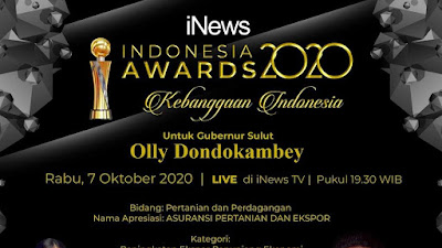 Majukan Pertanian dan Ekspor, Olly Dondokambey Sabet Indonesia Award (IA)-IV 2020