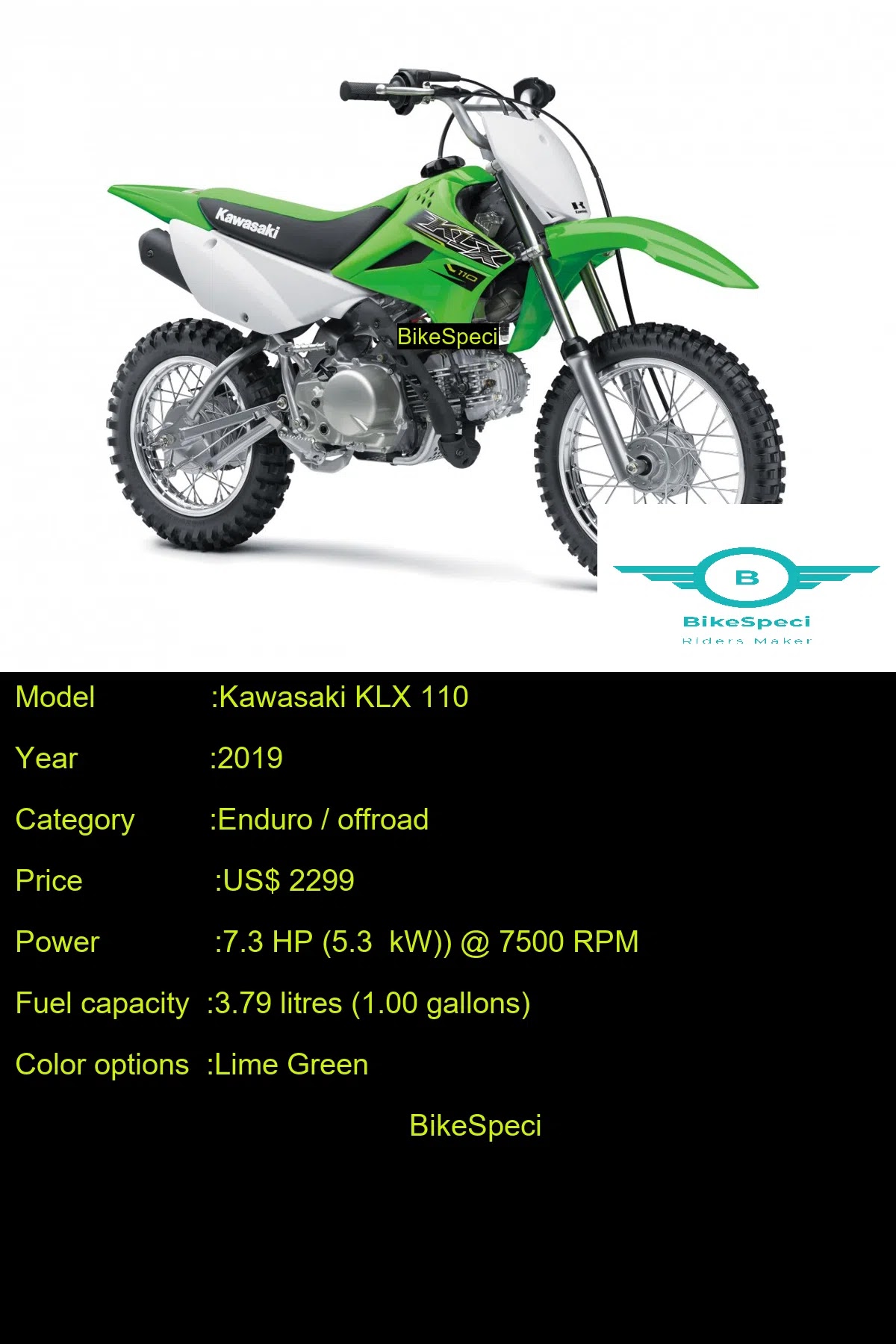 Kawasaki KLX 110 Price, Photos, Millage, Speed, Colours etc