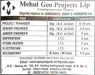 Mehul Geo Projects Llp A Leading Construction Company Urgently requires ITI, Diploma BE Candidates For Ahmedabad, Surat & Vadodara Site