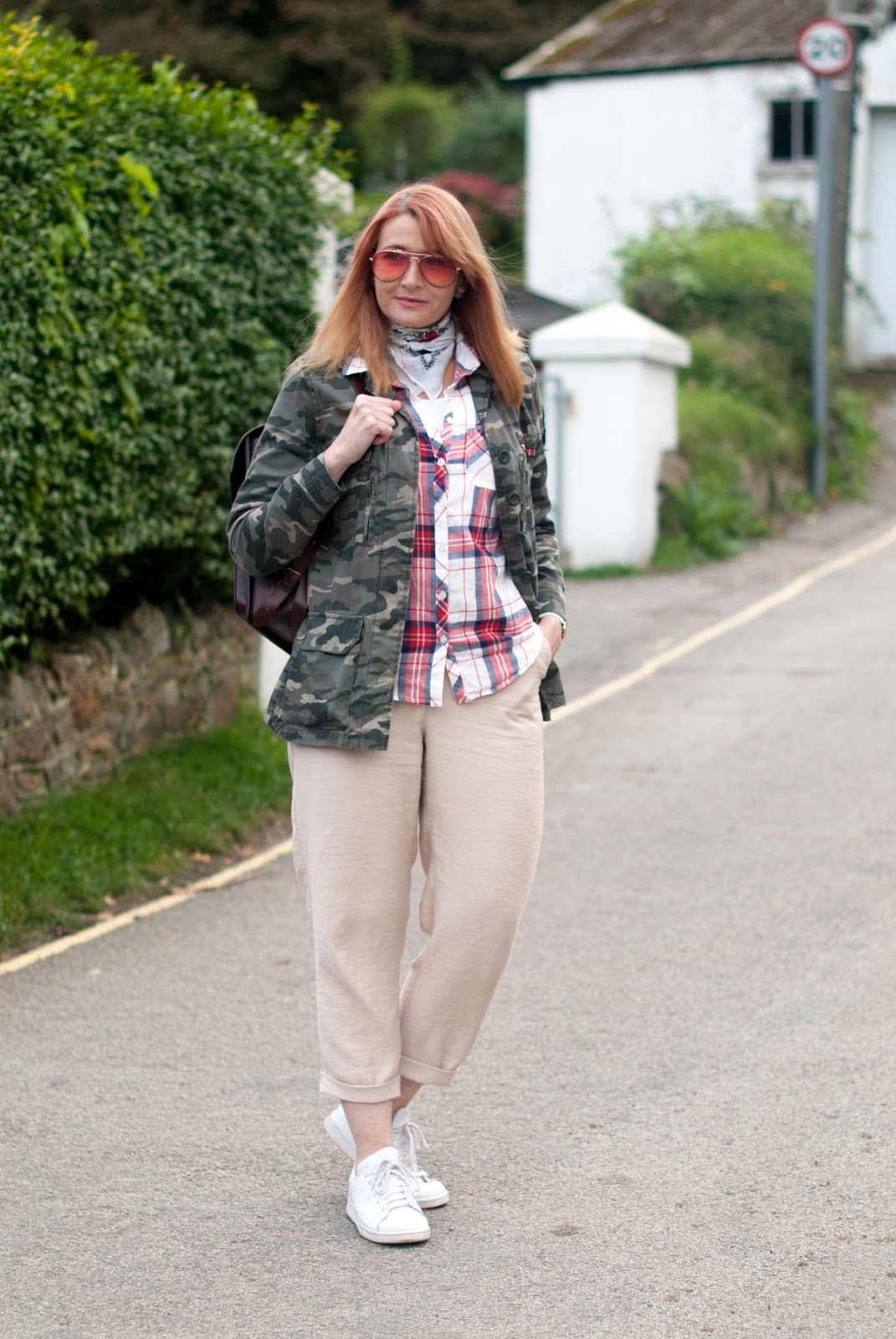Super casual autumnal pattern mix: Camo jacket check plaid shirt cream peg pants trousers white Adidas Stan Smiths | Not Dressed As Lamb, over 40 style