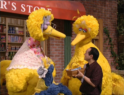 In the story The world's greatest birdseed cookies, Big Bird, Granny Bird, Alan, and Cookie Monster disguised as Granny Bird appear. Sesame Street C is for Cooking