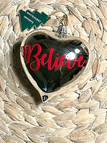 heart ornament with believe sticker