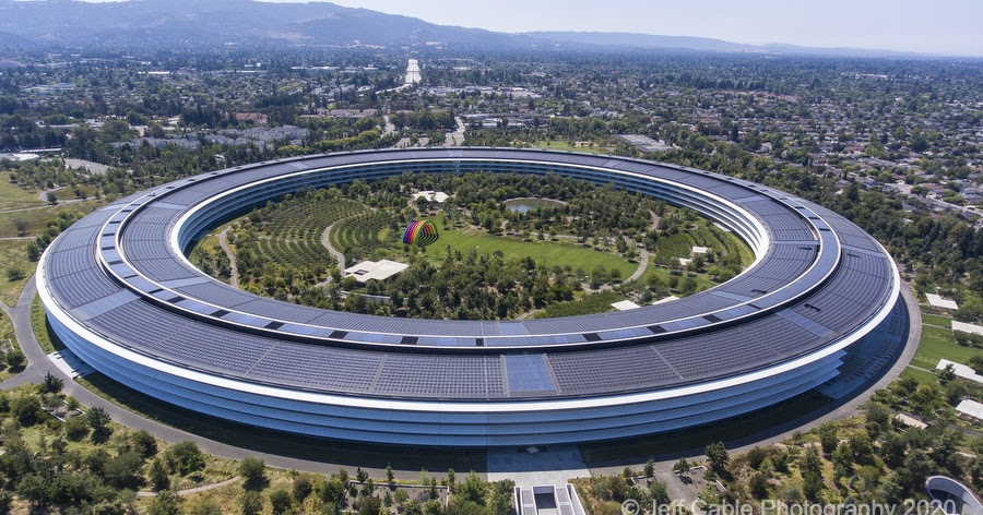 A unique view of the Apple Park "Spaceship" in Cupertino,...