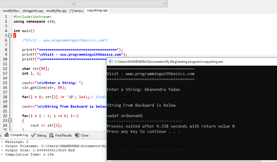 C++ Program to Display String From Backward - Programming With Basics