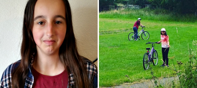 My teenage daughter trying not to smile when I take a passport style photo and my girls riding their bikes in a big field.