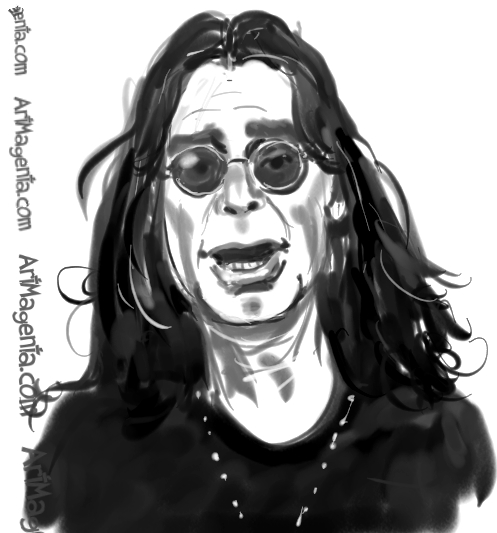 Ozzy Osbourne caricature cartoon. Portrait drawing by caricaturist Artmagenta.