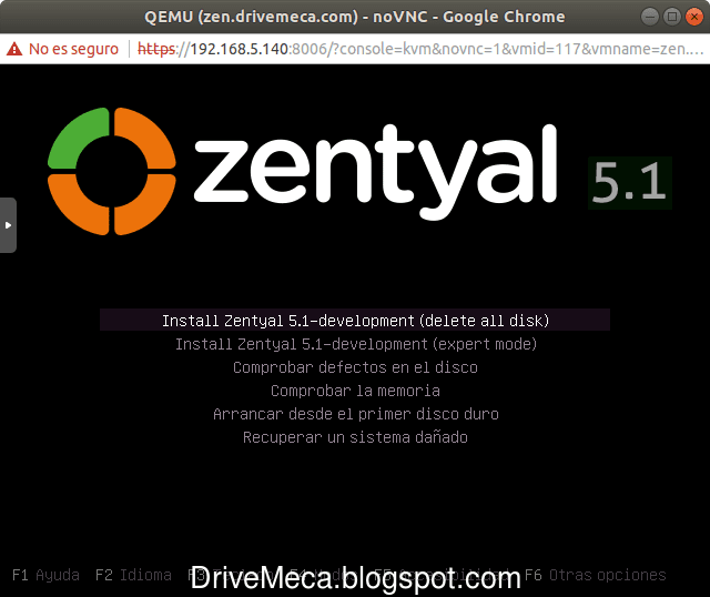 Usamos la primera opcion del menu de instalacion de Zentyal