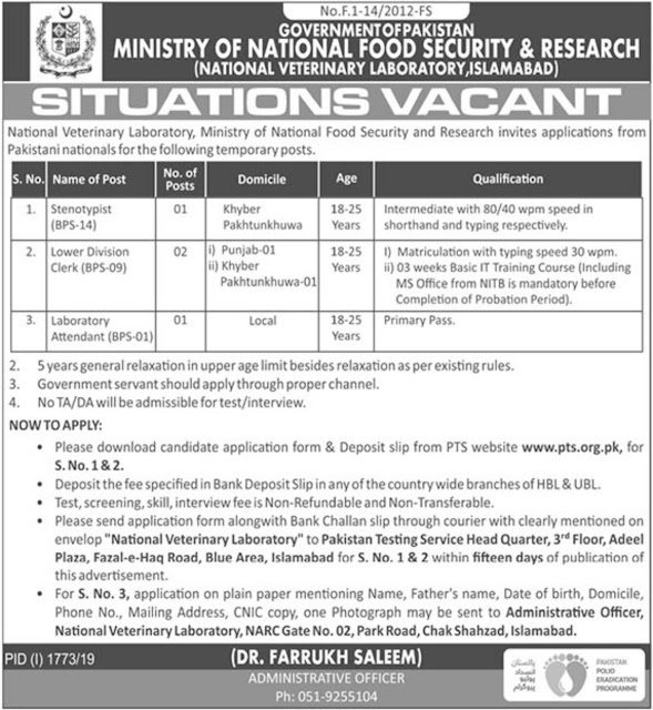 Ministry of National Food Security & Research Jobs 2019 Application Form