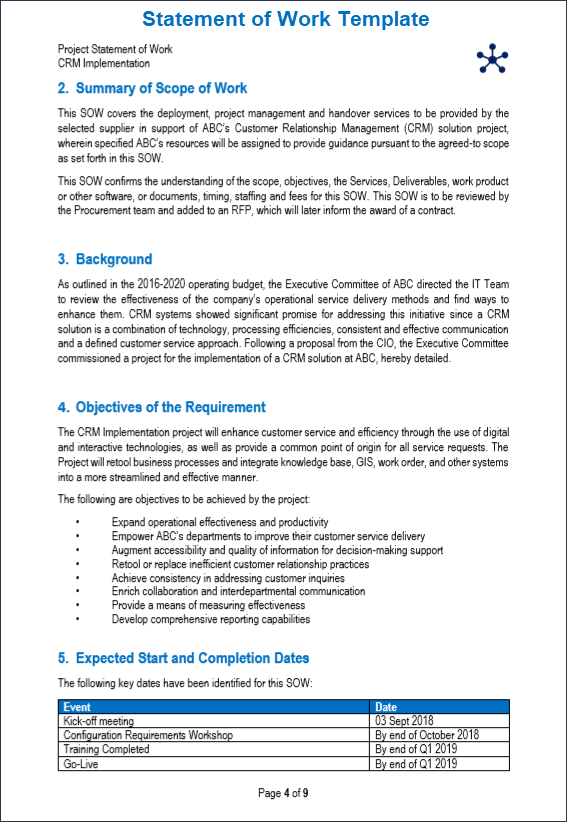 SOW Template Free Word Template Project Management Templates